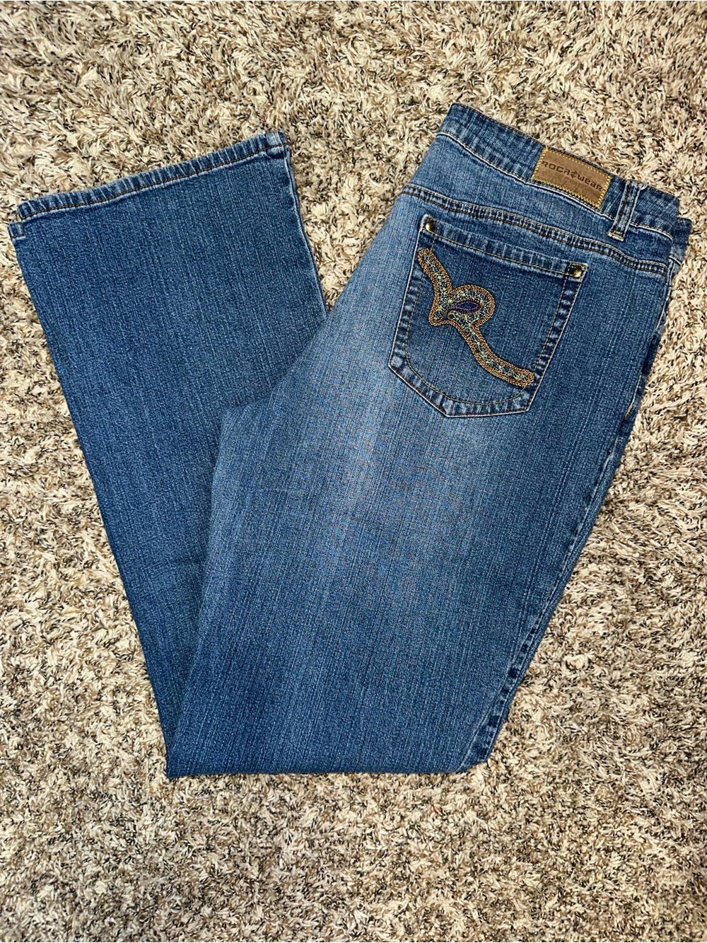 Rocawear Women's Blue Bootcut Jeans with Embroidered Pocket R Streetwear Size 18